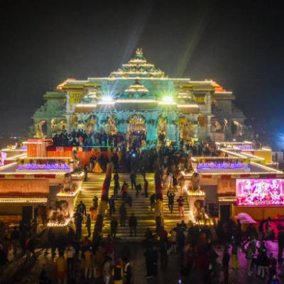 AYODHYA, INDIA - JANUARY 22: A general view of the Ram Mandir on the day of its consecration ceremony January 22, 2024 in Ayodhya, India. The Ram Mandir, a temple built at a site thought to be the birth place of Lord Rama, a significant figure in Hindu religion, was be inaugurated on Jan. 22, 2024. (Photo by Ritesh Shukla/Getty Images)