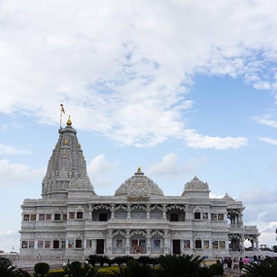 Prem Mandir Temple, a Hindu temple dedicated to Krishna, located in Vrindavan, Mathura, Uttar Pradesh, India.